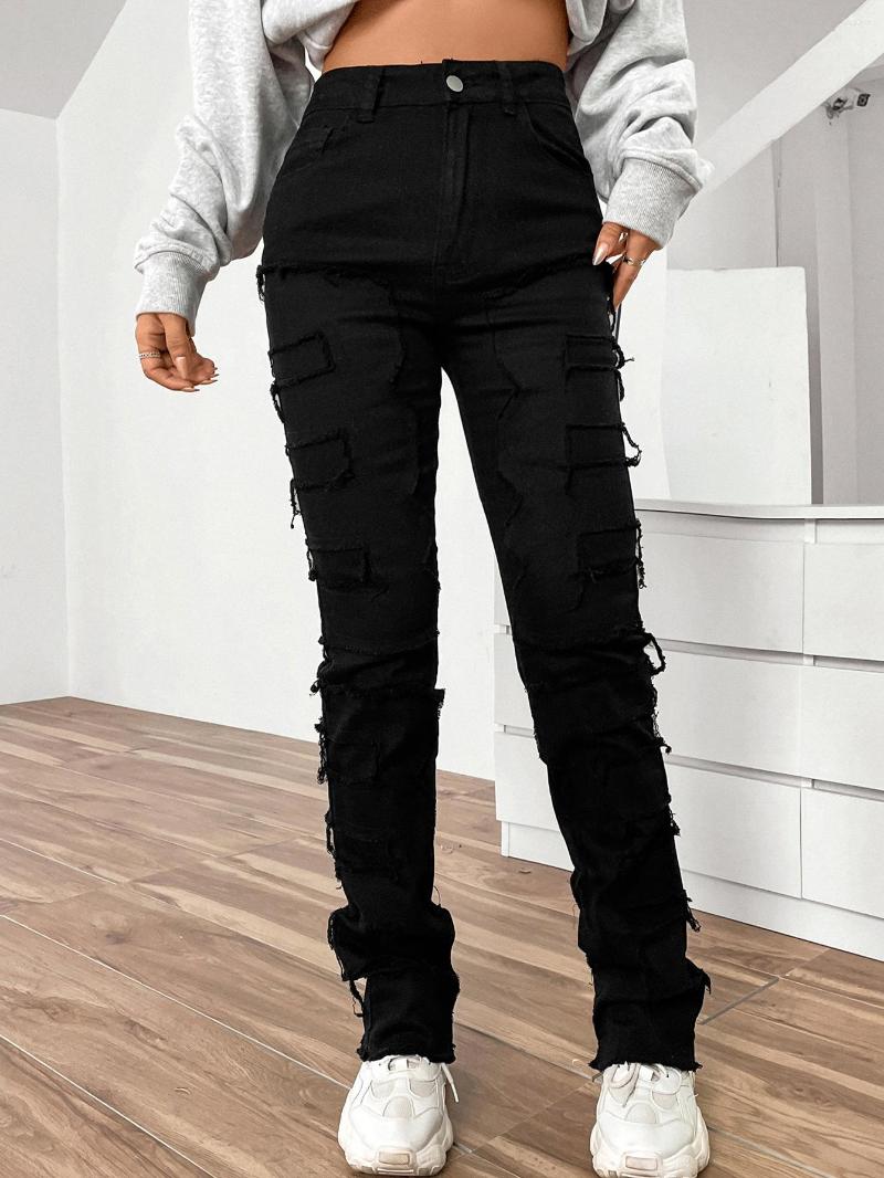 Womens Jeans Denim Embroidered Straight Pants European And American Ins Elastic Patch Laminated Women Z260313