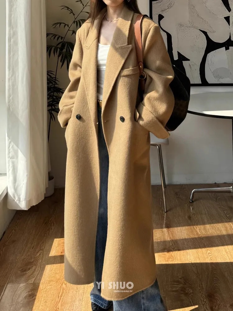 Long Loose Gray 100Wool Coat Women Korean Fashion Elegant Camel Winter Jacket 251028