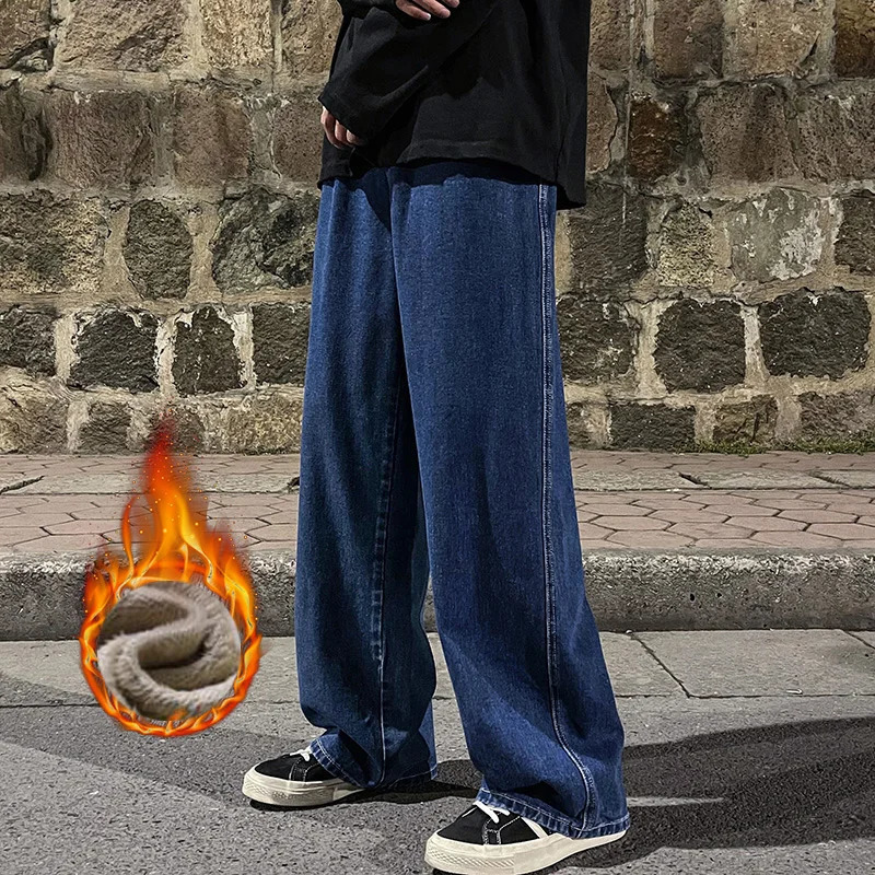 Mens Winter Fleece Loose Jeans Velvet Warm Elastic Waist Wide Leg Y2K Denim Pants Straight Comfortable Mens Clothing 251029