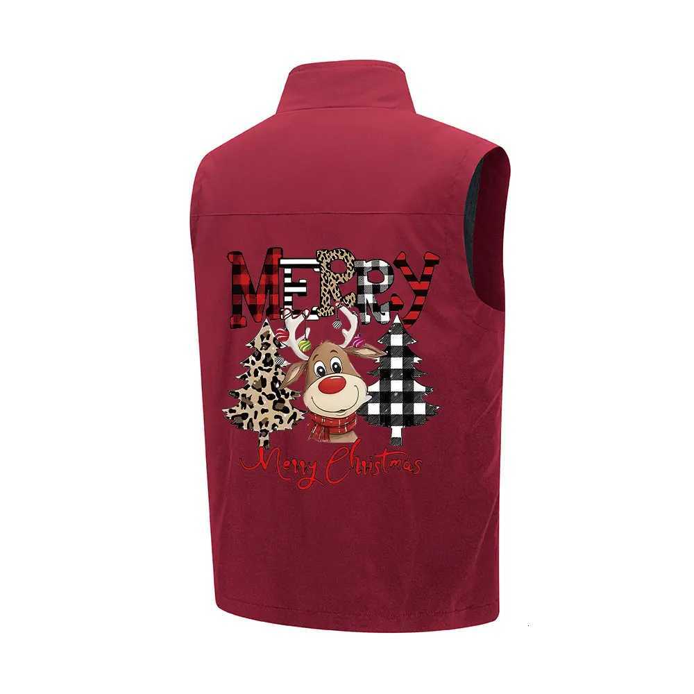 Mens Vest Coat Christmas Elk Prints Multiple Zipper Pockets Sleeveless Windproof Outwear Windbreaker for Hiking Fishing Camping W251029