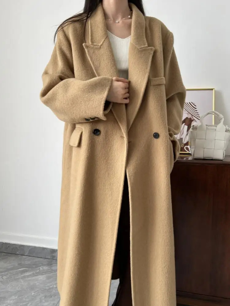 Office Lady Woolen Jackets Autumn And Winter Suit Collar Double Breasted loose Long Womens 100 Wool Coats 251028