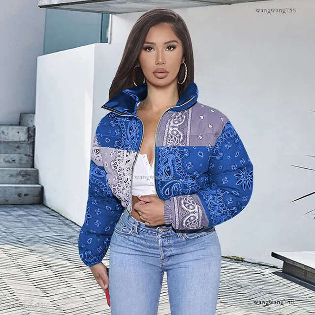 Ladies Designer Puffer Jackets, Women's Cropped Down Parka: Stylish Bandana Print Bubble Coat for Winter Fashion
