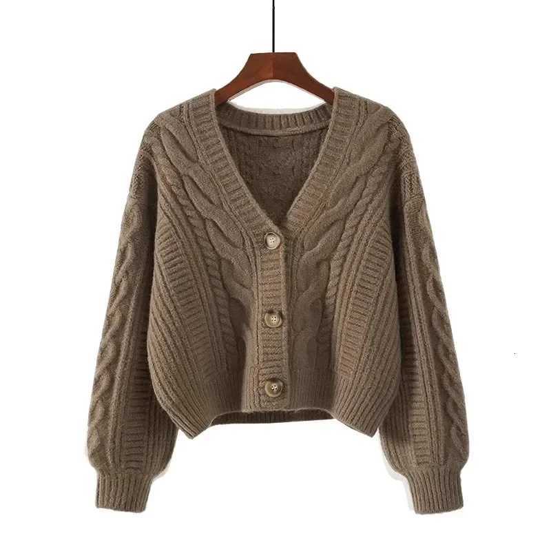 Vneck Loose Women Cardigan Sweater 2025 Autumnwinter Korean Short Jacket New Single Breasted Knitted Casual Solid Color TopT251028