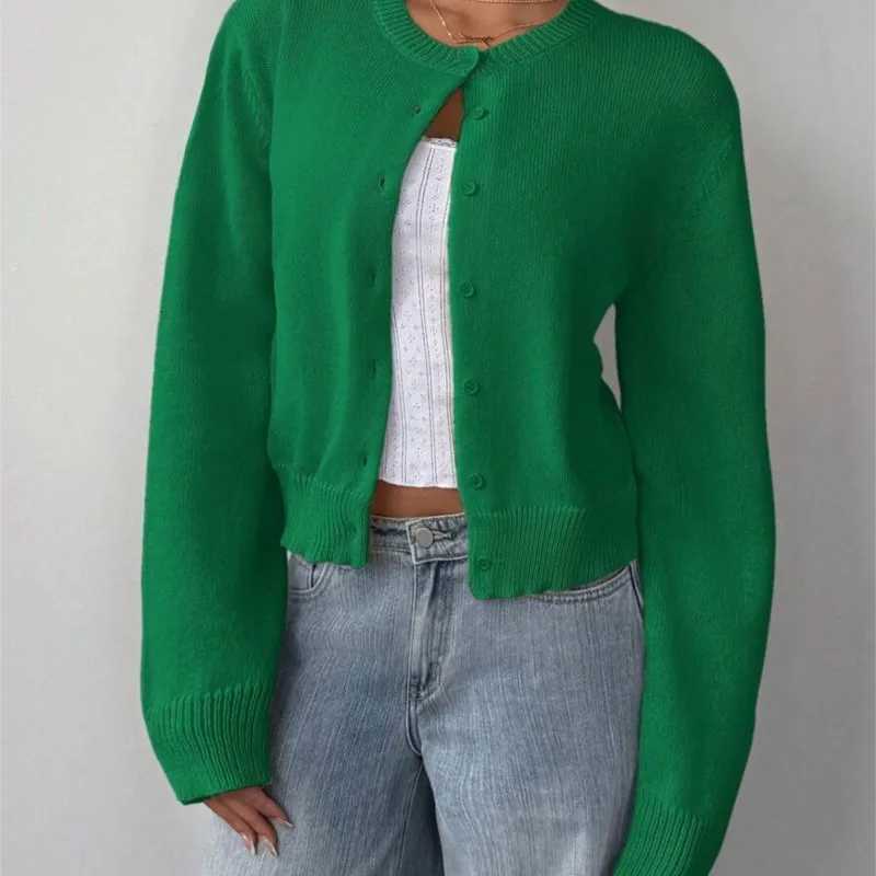 Autumn Winter Round Neck Threaded Long Sleeved Button Womens Cardigan Jacket Sweater Short Leisure Loose Solid Color TopT251028