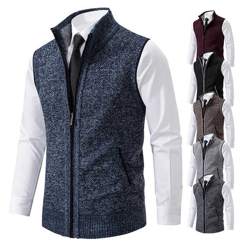 Sweater Vest Mens Knitted Sleeveless Coat Wool Velvet Zipper Cardigan Turndown Pullovers Turtleneck Sweatercoat Knit Waistcoat W251029