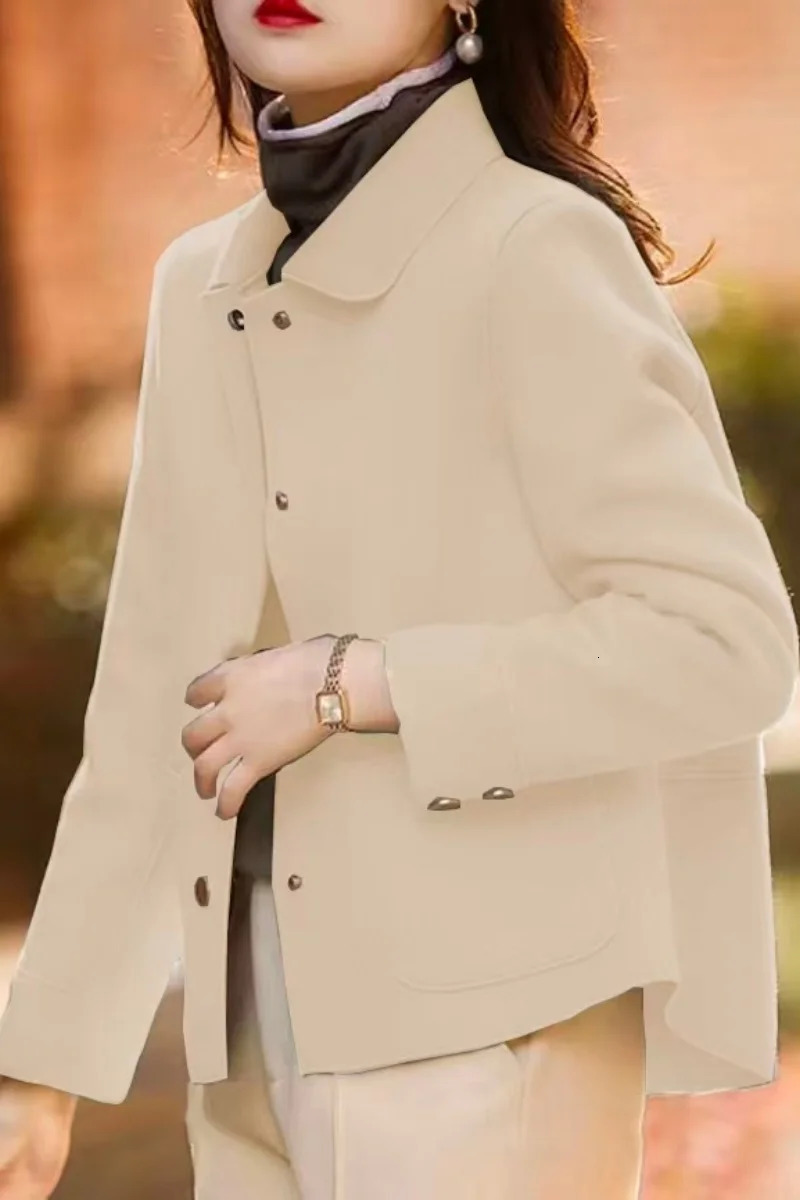 Fashionable minimalist coat for women with a singlebreasted collar and highquality short woolen coat casual solid color long 251029