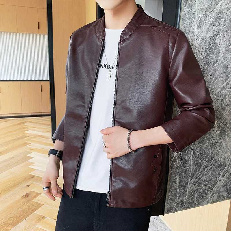 Mens Fashionable Stand Collar Leather Jacket Casual Windbreaker Youth Jacket New Mens Slim Fit Motorcycle PU Leather JacketT251029