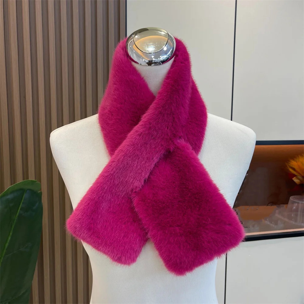 Women Winter Warm Thicken Cross Collar Scarf Solid Color Faux Rabbit Fur Cold Proof Scarves Fashion Soft Furry Neck Warmer 251029