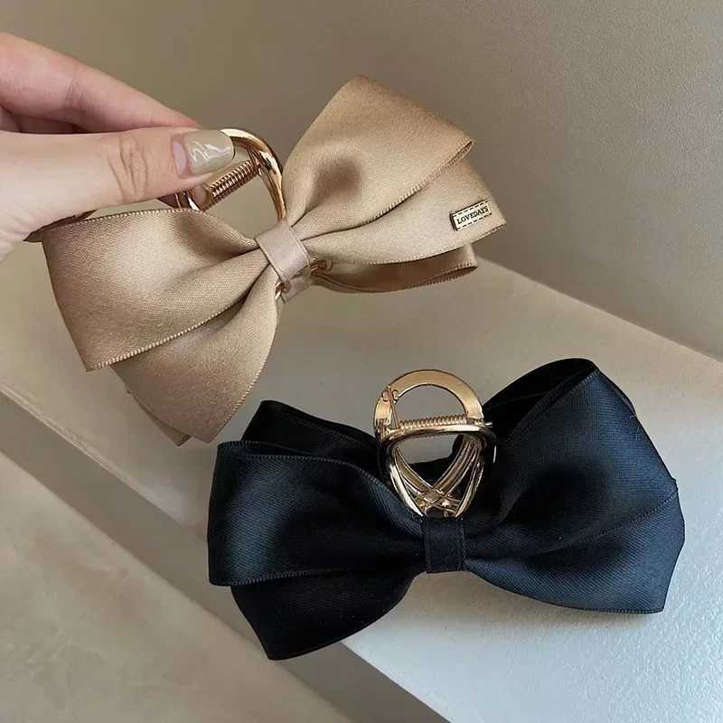 Balck Stain Bowknot Hair Claw Elegant Silk Satin Clamp Korean Fashion Barrette Large Bows Ponytail Headdress Hair AccessoriesW251028