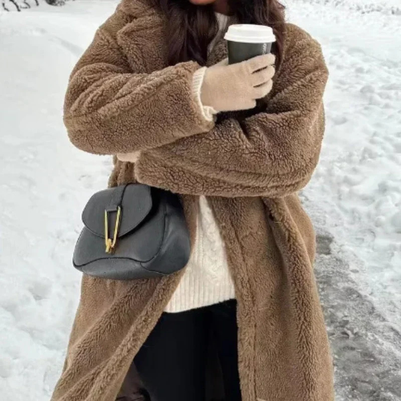 Women Autumn Winter Vintage Wool Blend Long Coat Lapel Chic Long Sleeve Double Breasted Big Jacket Female Street Overcoat 251029