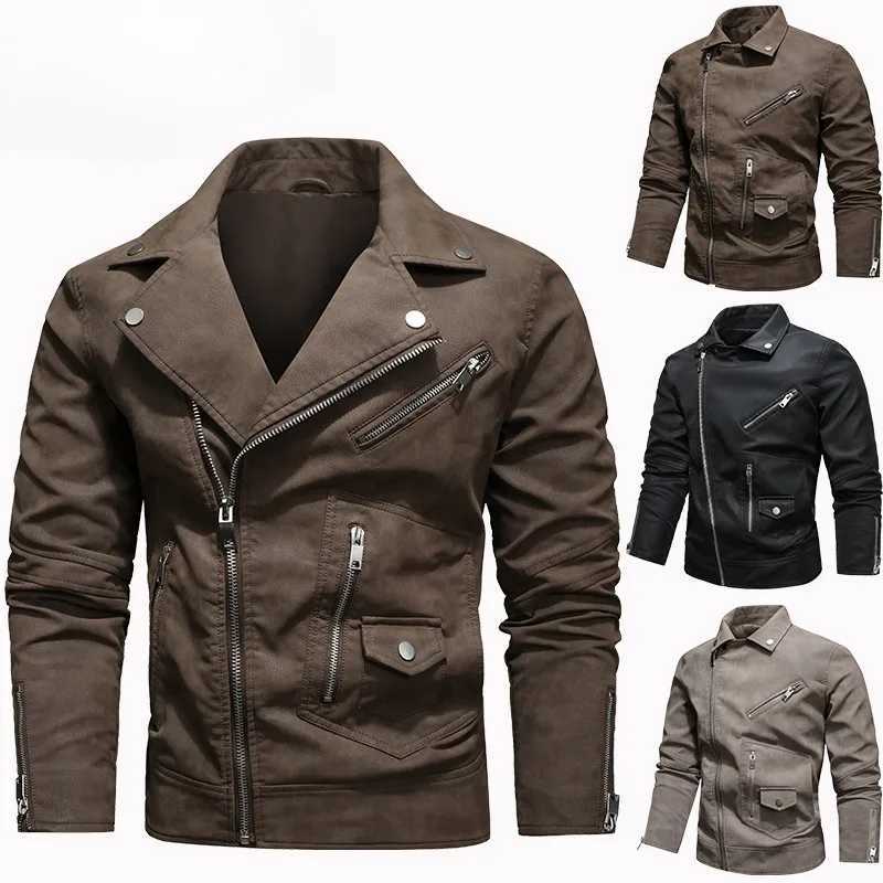 Mens Faux PU Leather Jacket Black Biker Coat with Diagonal Zipper Big Lapel Euro Size Korean Style Trendy Outerwear MotorcycleT251029