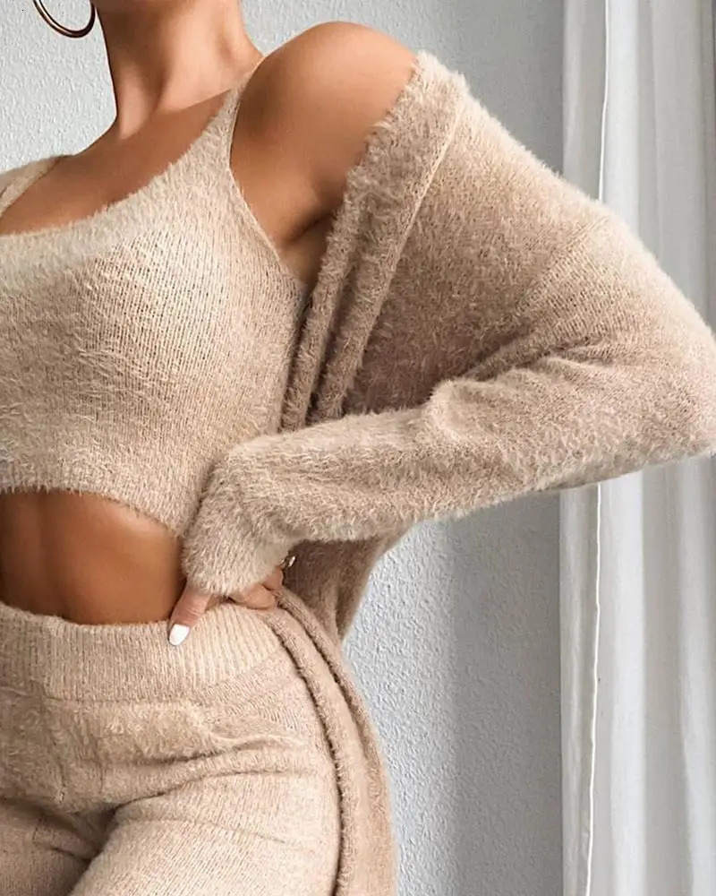 Autumn Winter Plush Vest Threepiece Sexy Vneck Plush Short Vest Trousers Suit Temperament Womens Threepiece Set 251028