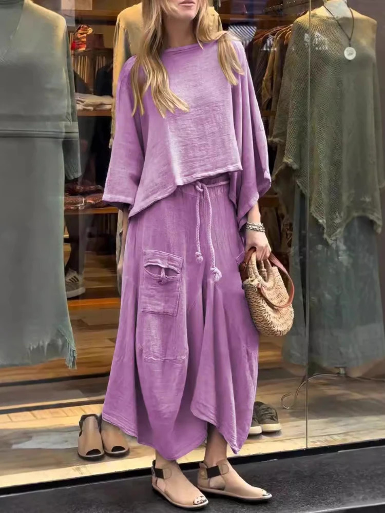 2024 Autumn Fashion Womens Cotton and Linen Loose Skirt Twopiece Set Solid Color Irregular Top Waist Pocket 251016