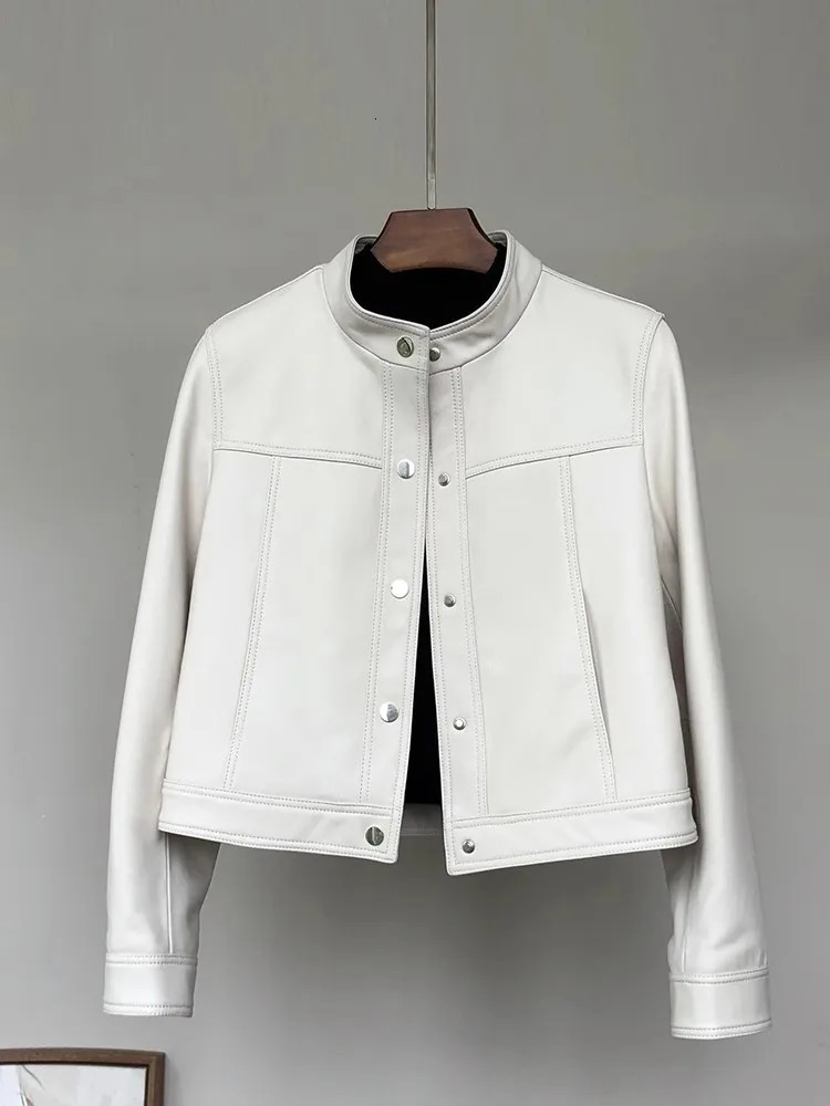 Lautaro Spring Autumn Short White Soft Pu Leather Jacket Women Stand Collar Long Sleeve Elegant Chic Clothing 251029