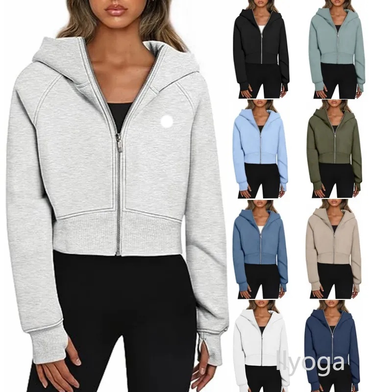 Crop Hoodie Women Fleece Thickened Yoga Jacket Short Full Zipper Sport Hooded Loose Coat Cardigan Sweatshirt
