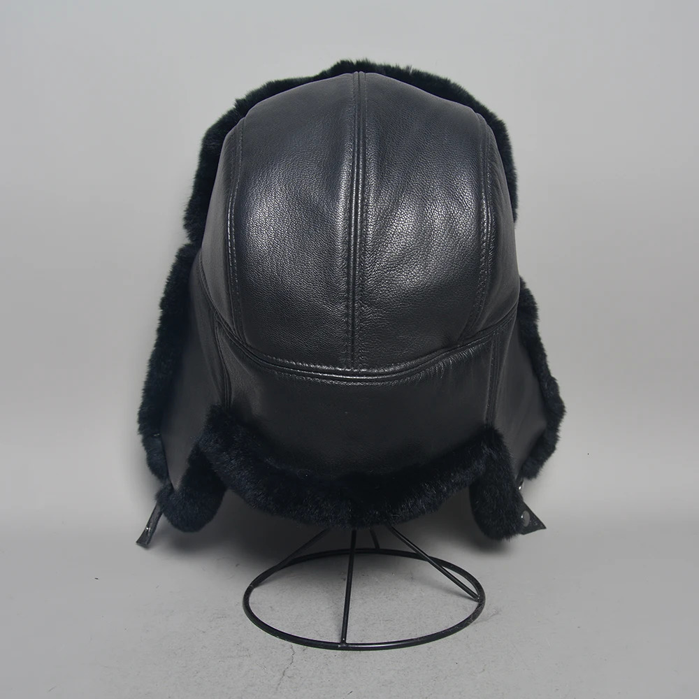 Unisex Real Rex Rabbit Fur Bomber Hat Ushanka Cap Trapper Russian Men Women Ski Hats Caps Sheepskin Leather Winter Warm 251013