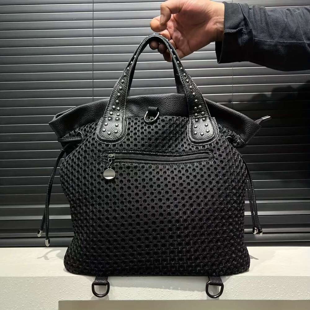 Stylish Women Large Capacity With Mesh Panel Rivet Accents Convertible To Crossbody Bag, Durable Nylon, Multi Front Pocket