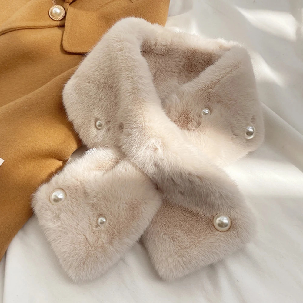 Pearl Faux Rabbit Fur Scarf Women Cute Neck Warmer Winter Warm Soft Furry Scarves Outdoor Windproof Cross Scarf Collar 251029