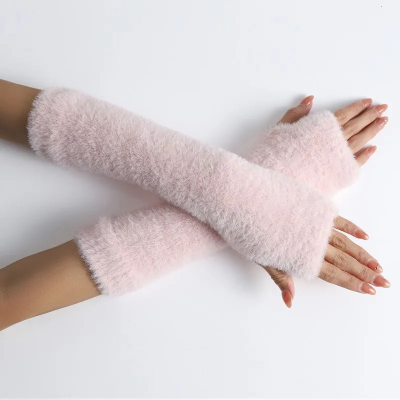 Pink Fingerless Gloves Y2K Wrist Warmers Arm for Women Chic Streetwear Fall Winter MinkLike Velvet 251013