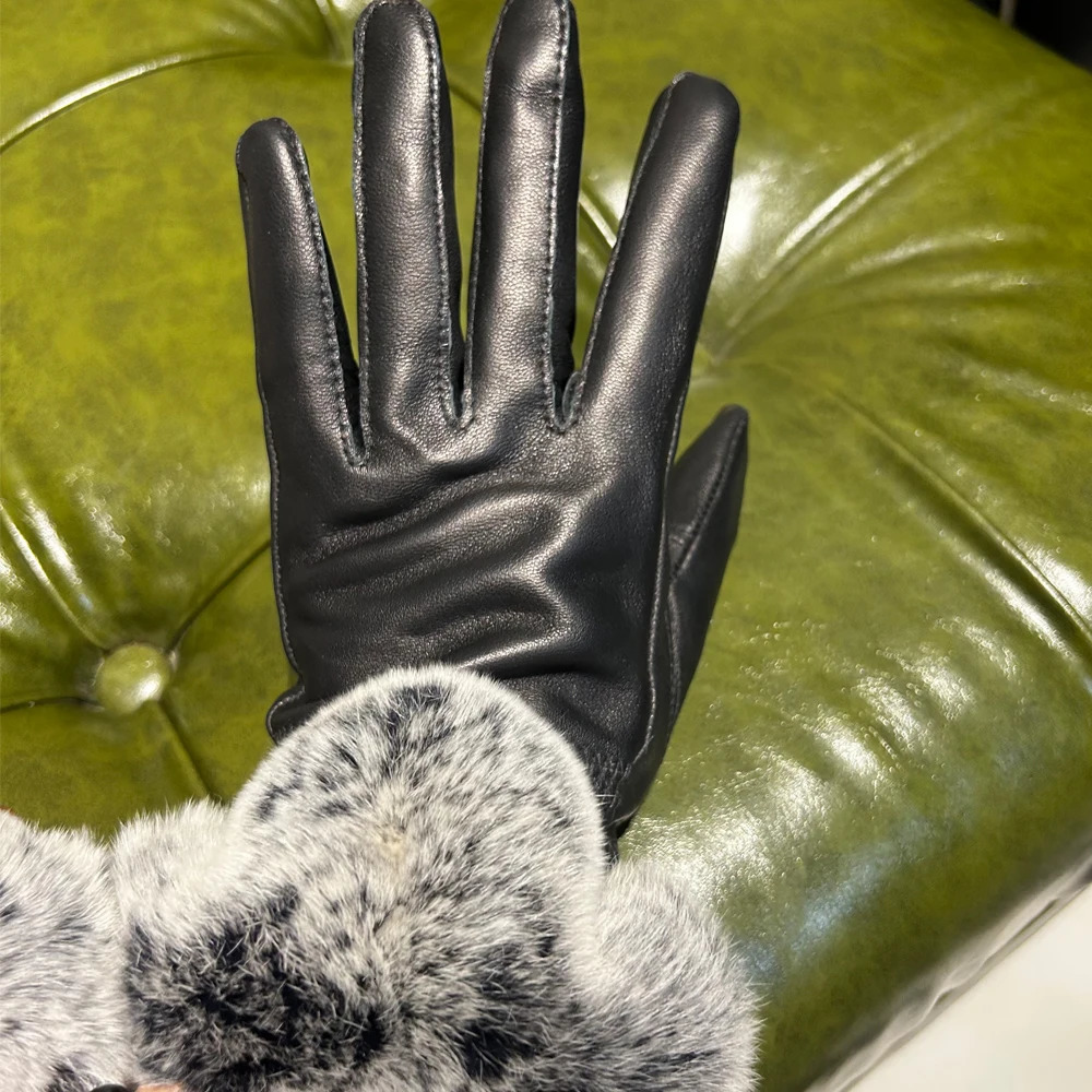 Black Warm Fox Fur Gloves for Lady 2025 251029