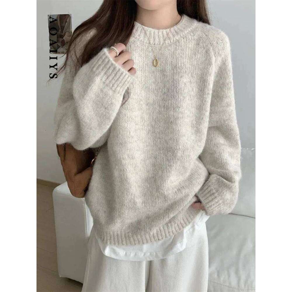 Aoaiiys Pullover Women Casual O Neck Long Sleeve Sweater Coats Fashion Solid Loose Knitted Jumpers Autumn Winter New Pullovers