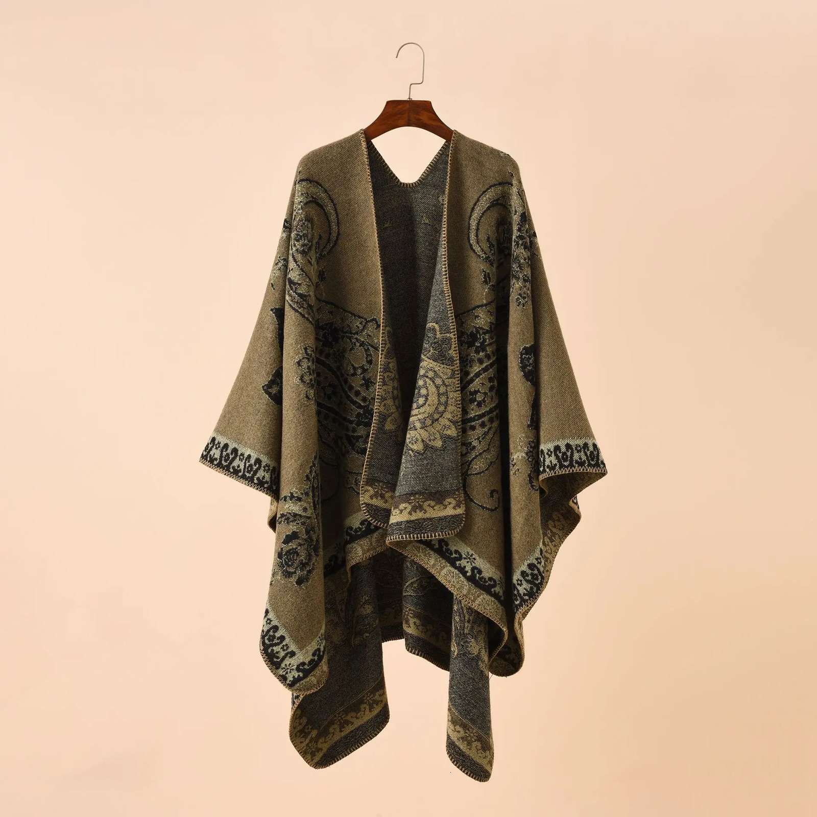 2025 Autumn Winter Street Geometric Lattice Flower Pattern Cashmere Warm Shawl Cloak Women Poncho Capes Red 251029