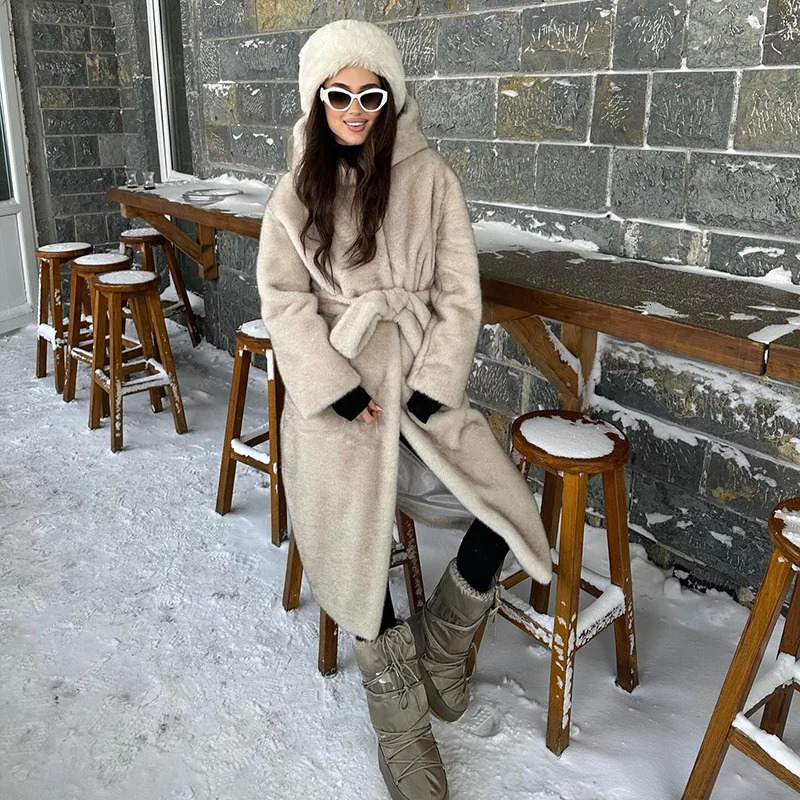 Winter Womens Mink Fur Jacket Lace Up Thickened Warm Pockets Coat For Female Long Hooded Ladys Plush 251028