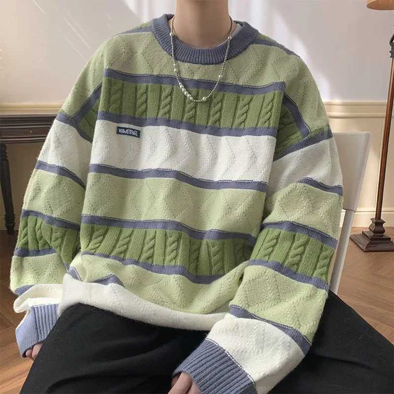 Japanese Style Vintage Color Blocking Cable Knit Striped Round Neck Sweater For Men And Women Winter Warm Preppy Thickened Knit J251029