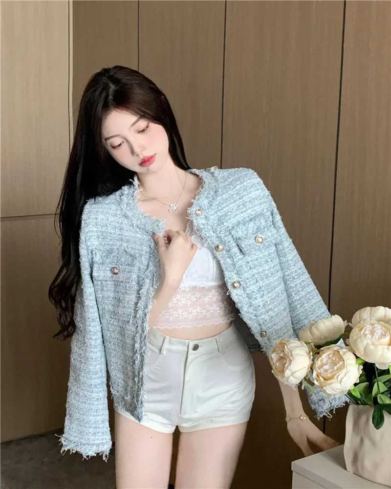 Elegant French Style Tweed Jacket For Women 2024 Spring Autumn New Long Sleeve Cropped Top Crew Neck Outer Wear1 Y251105