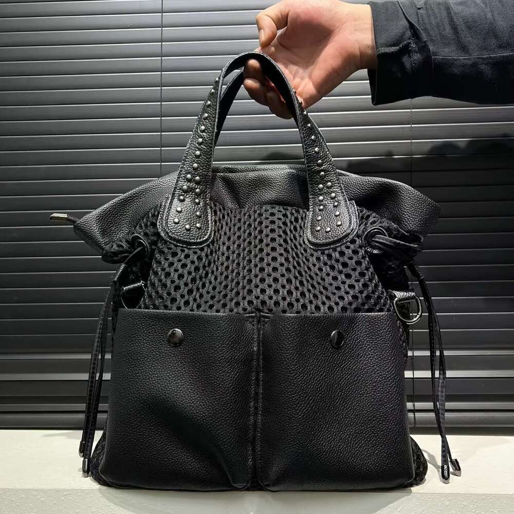 Stylish Women Large Capacity With Mesh Panel Rivet Accents Convertible To Crossbody Bag, Durable Nylon, Multi Front Pocket