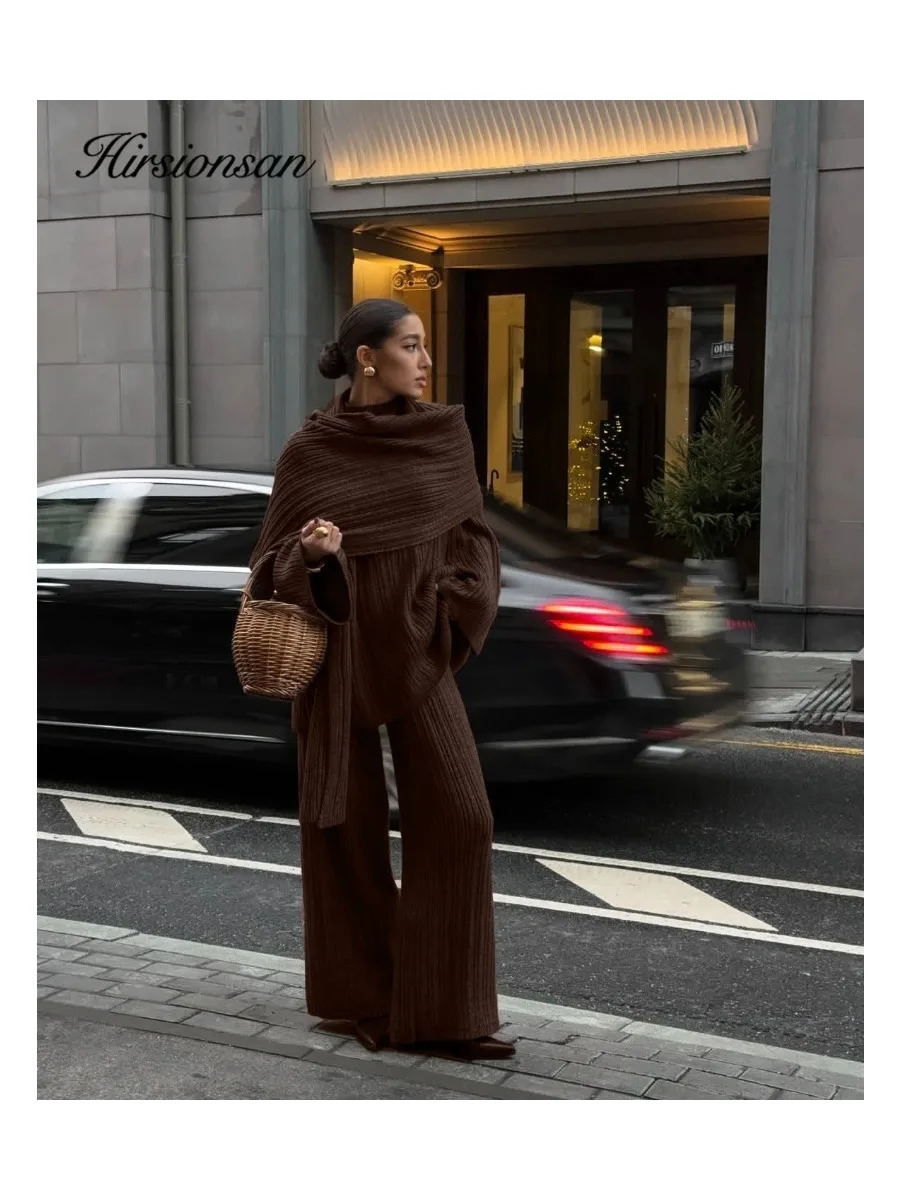 Hirsionsan Soft Elegant Vintage Women Suits 3 Pieces Female Sets O Neck Sweater Wild Leg Pants with Scarf Knitted TrackSuit 251028
