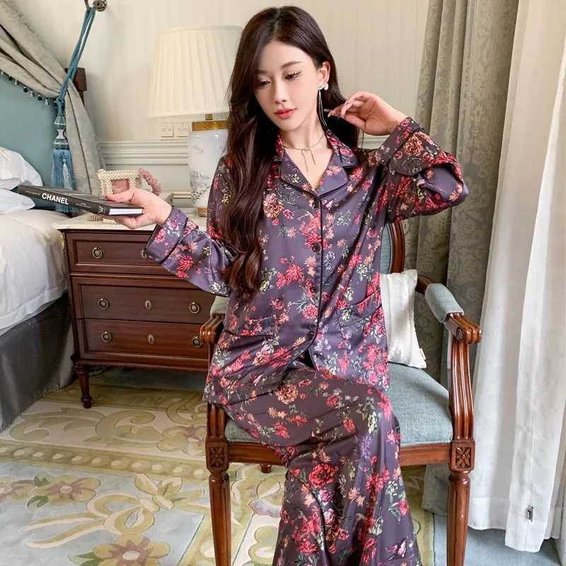 Womens Silk Pajama Set Satin Sleepwear Long Sleeve Top with Pants 2Piece Loungewear Pj Suit Pyjama for Comfortable NightwearT251029