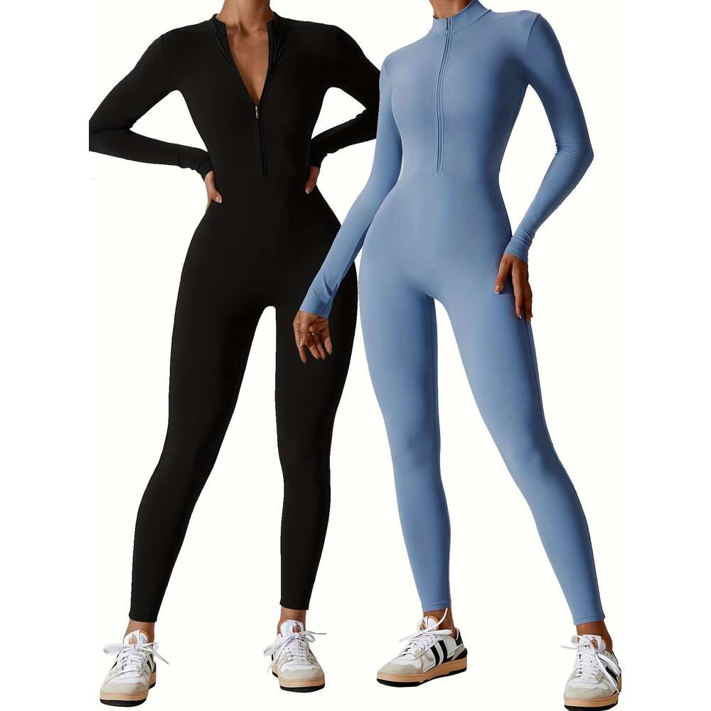 2Pcs Full-Zip Yoga Jumpsuits Full-Body Workout Bodysuits With Full-Length Zipper, High-Elasticity Full-Coverage Gym Suits For Dance, Cycling, Gymnasti