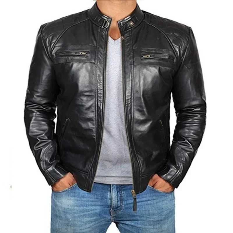 Spring and Autumn Mens Fashion Handsome Leather Coat Stand Collar Punk Motorcycle Leather JacketT251029