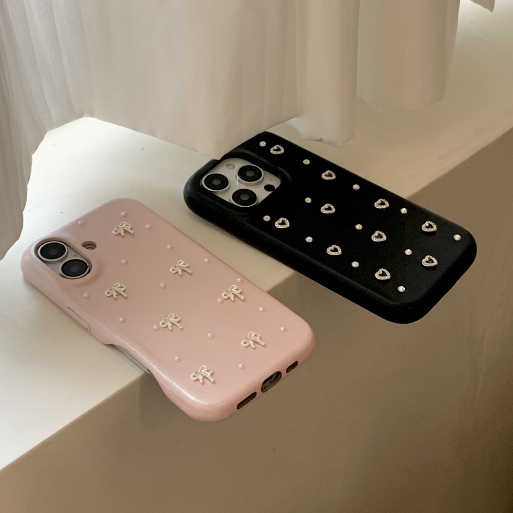 Pearl Heart Bowknot Phone Case Compatible with iPhone 17/16/15 Pro Simple Solid Color 14/13 Cartoon