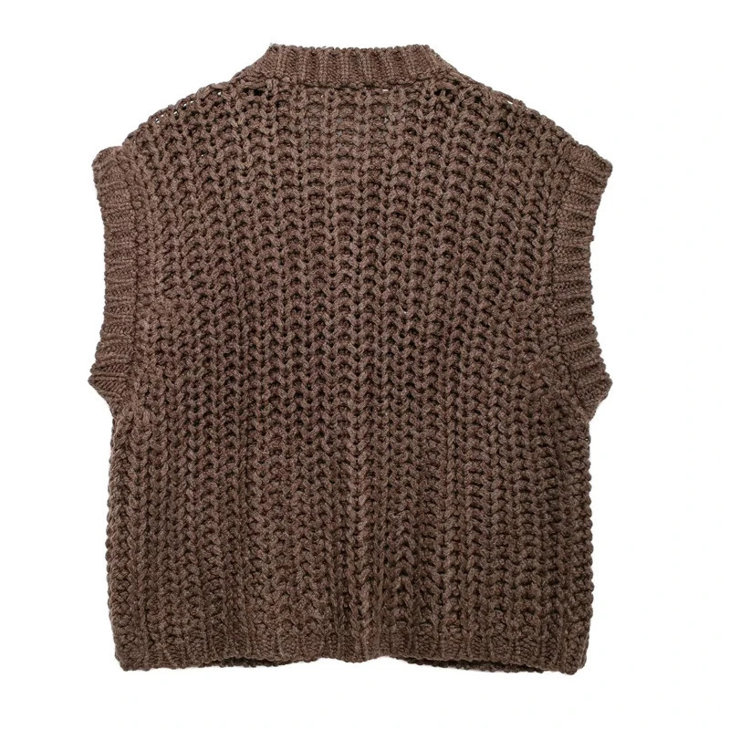 HXAO Womens Vest Outerwears Sleeveless Brown Sweater Knit Vest Women Preppy Cropped Sweaters Autumn Winter Vest Woman Knitwears 251029