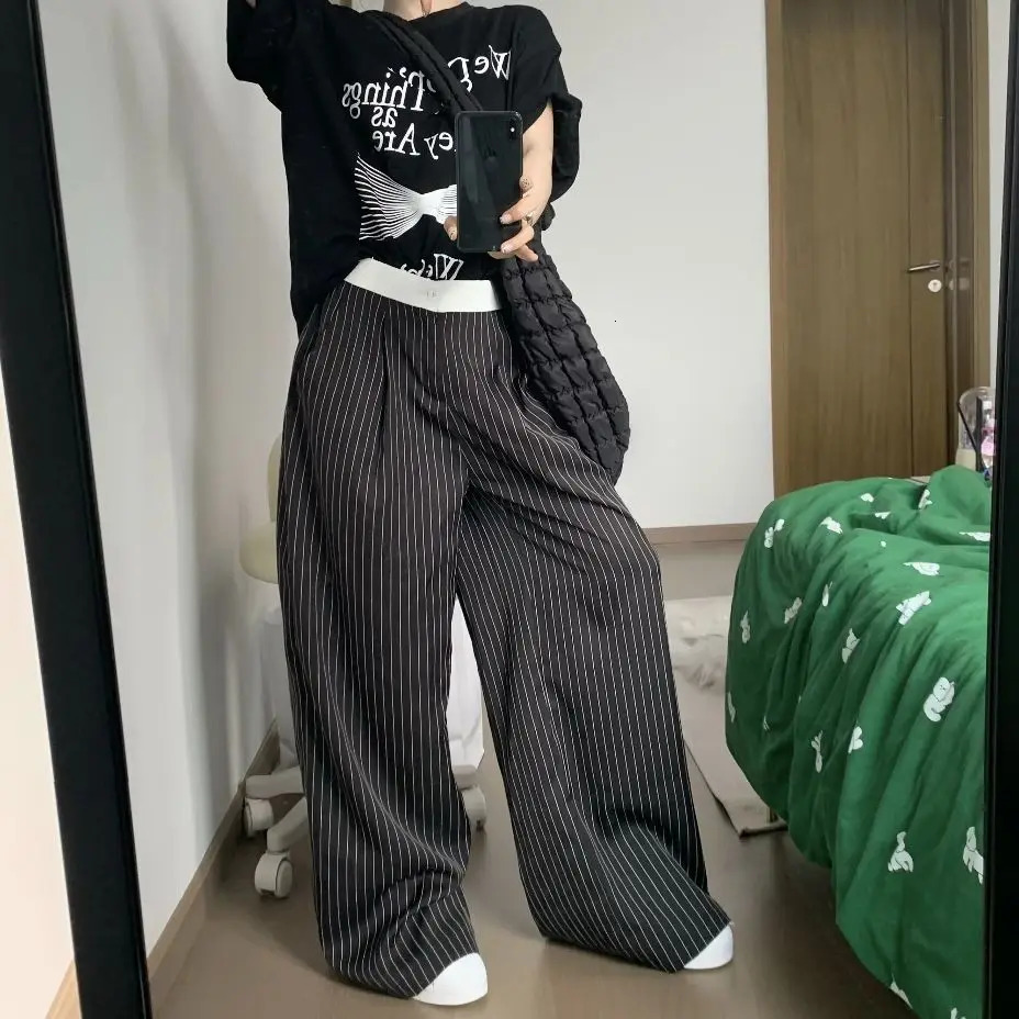 Spring Casual Striped Print High Waist Wide Leg Patchwork Pants Womens Baggy Fashion Loose Fit Soft Full Length Trousers 251029