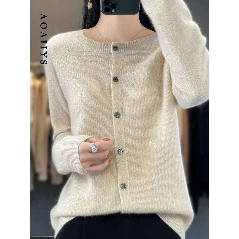 Aoaiiys Cardigan Women Fashion 100% Wool Cardigans Cashmere Sweater Autumn Winter Casual Coat O-Neck Long Sleeve Loose Knit Tops