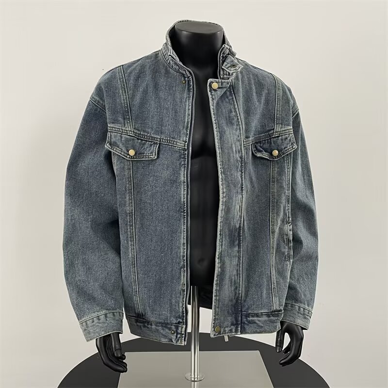 Spring New Men's Denim Jacket Heavy Wash Stand Collar Casual Designer Jacket Loose Trendy American Style High-end Top