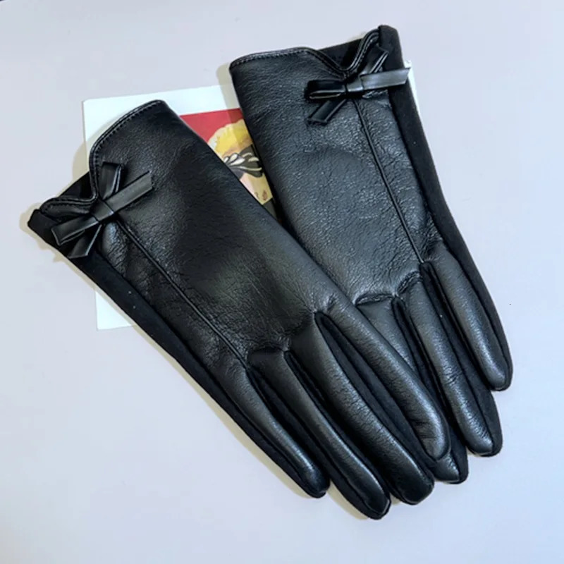 Womens Winter PU Leather Gloves Touchscreen Texting Warm Driving leather with Bow for Outdoor 251013