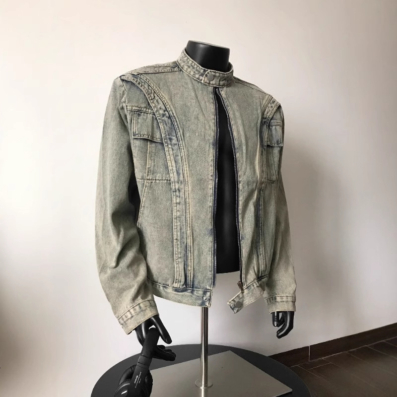 Spring And Autumn Designer Jacket Trendy Brand Deconstructed Heavy Washed Vintage Stand Collar Padded Shoulder Denim Jacket Men's Oversized Zippe