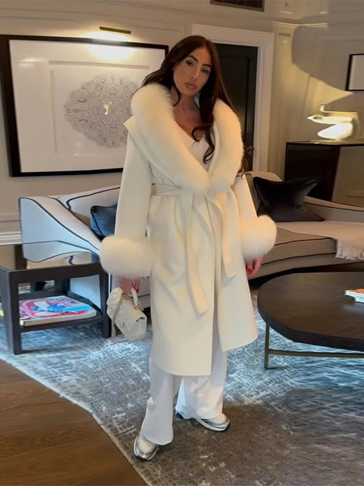 Fluffy Fur Long Womens Coat Elegant Lace Up Full Sleeve Vneck Female Jackets Winter Fashion Split Loose Lady Outwears 251028