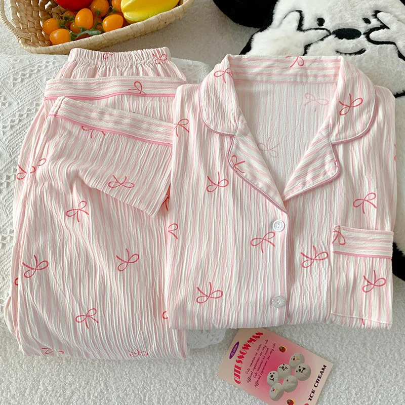 Spring and Autumn Sweet Bow Korean Style Ins Wrinkled Fabric Long Sleeve Cardigan Nightgown Womens HighQuality Homewear Set 251029