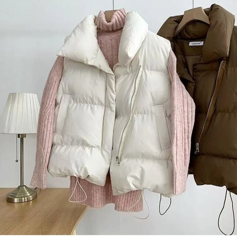 Women Winter Warm Thicken Padded Vest Fashion Zipper Loose Waistcoat Female Casual Stand Collar Solid Sleeveless Overcoats 251029