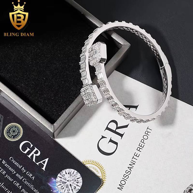 Fine Fashion Jewelry 6mm Open Square Bracelet 925 Sliver Iced Out Baguette Moissanite Cuban Link Bracelets