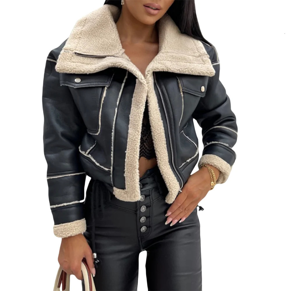 Women PU Patchwork Warm Plush Jacket Fashion Winter Long Sleeve Zipper Short Coats Streetwear with Pockets Outwear 251029