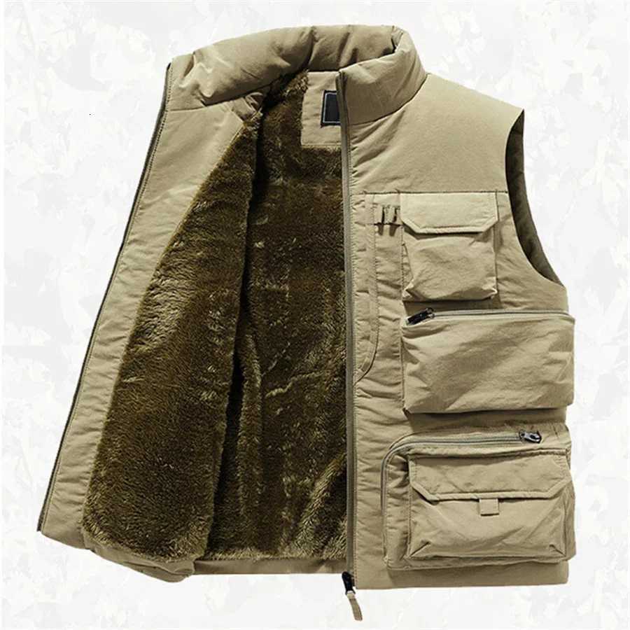 2024 New Mens Cargo Vest Winter Thick Fleece Warm Sleeveless Jacket Solid Color Tactical Coat Men Pockets Work Waistcoat 6XL W251029