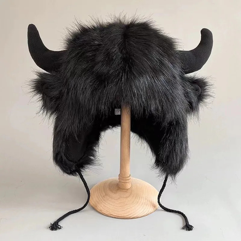 Fox Fur Cow Horn Decoration Cap Winter Warm Ear Protection Wind Snow Women Men Halloween Party Cosplay Hat 251029