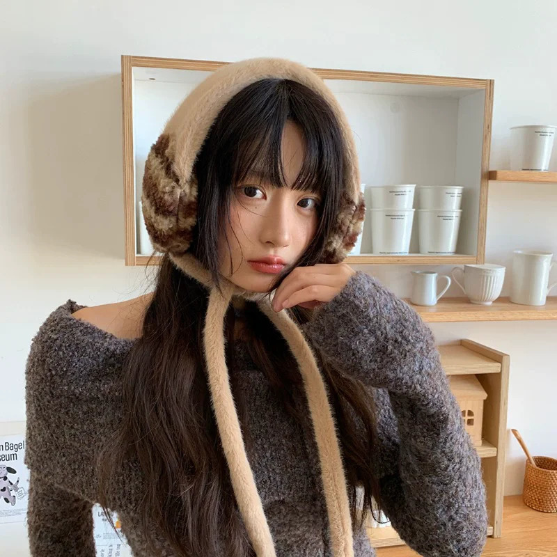 Korean Sweet Pink Handknitted Plush Earmuffs for Women Autumn and Winter Travel To Keep Warm and Versatile Hair Accessories 251029