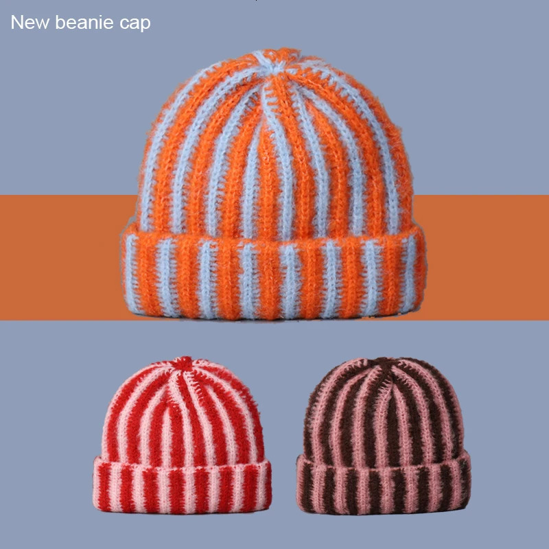 Korea 2025 Autumn and Winter Korean Feather Yarn Striped Wool Beanie Cap Women Showing Face Small Cold Knitted Cold Hat Men 251029
